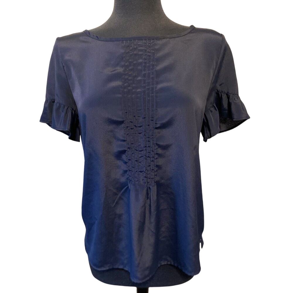 Tommy Hilfiger Women's Blue Short Ruffle Sleeve Pleated Chest Blouse Size Medium